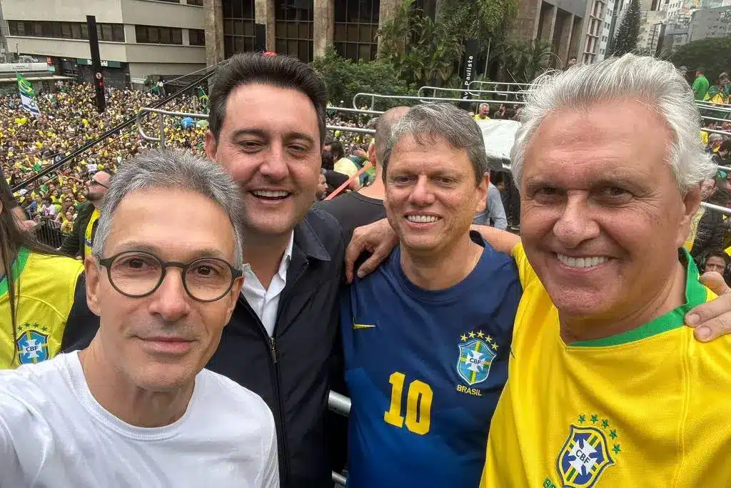 Os governadores de Minas Gerais, Romeu Zema (Novo); do Paraná, Ratinho Jr. (PSD); de São Paulo, Tarcísio de Freitas (Republicanos); e de Goiás, Ronaldo Caiado (União Brasil). Foto: Reprodução
